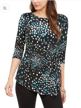 Alfani Womens Size Large Black & Teal Scoop-Neck 3/4 Sleeve,  Side Tie Blouse